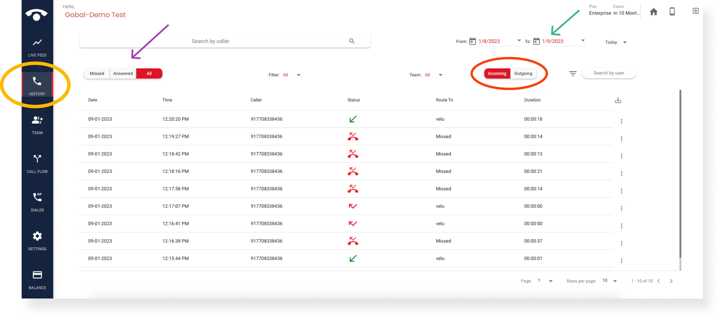 Where can I view call logs and listen to recorded calls in the TeleCMI dashboard